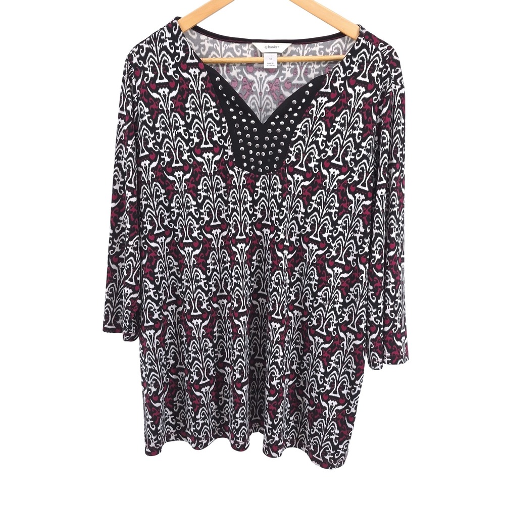 CJ Banks 1X Womens Black White‎ Pink Print Studded V-Neck 3/4 Sleeve Tunic Top